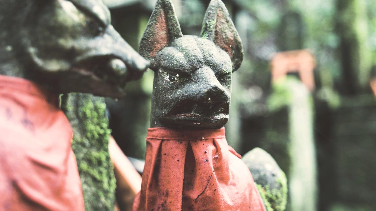 A weathered fox statue along an Inari shrine path