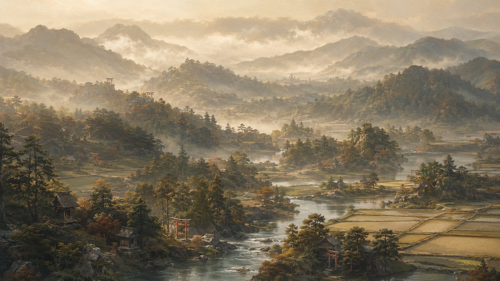 A misty Japanese landscape with many small shrine torii scattered through forests, fields, and water — a sense of countless presences