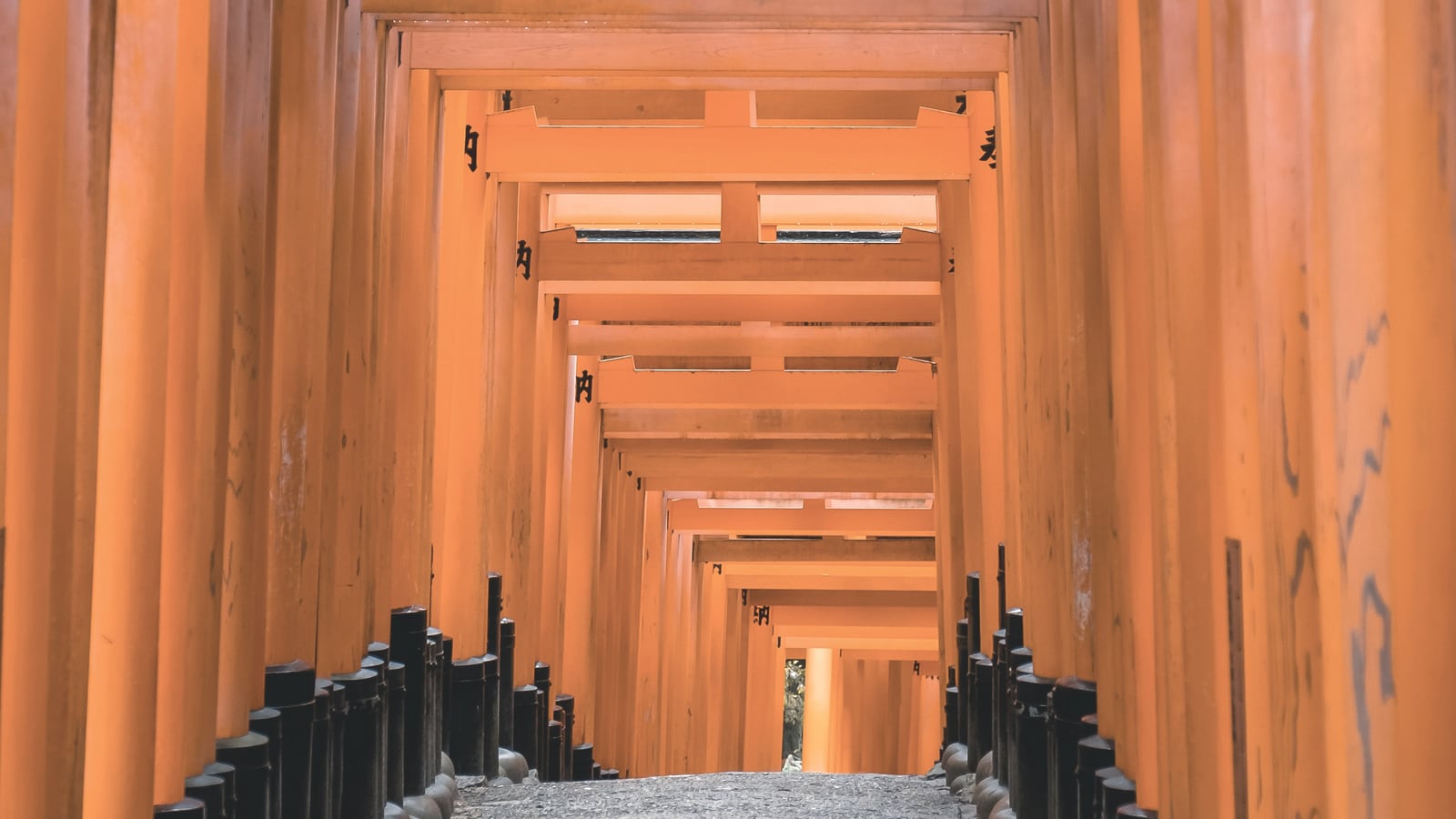 A long tunnel of red torii gates receding into the distance