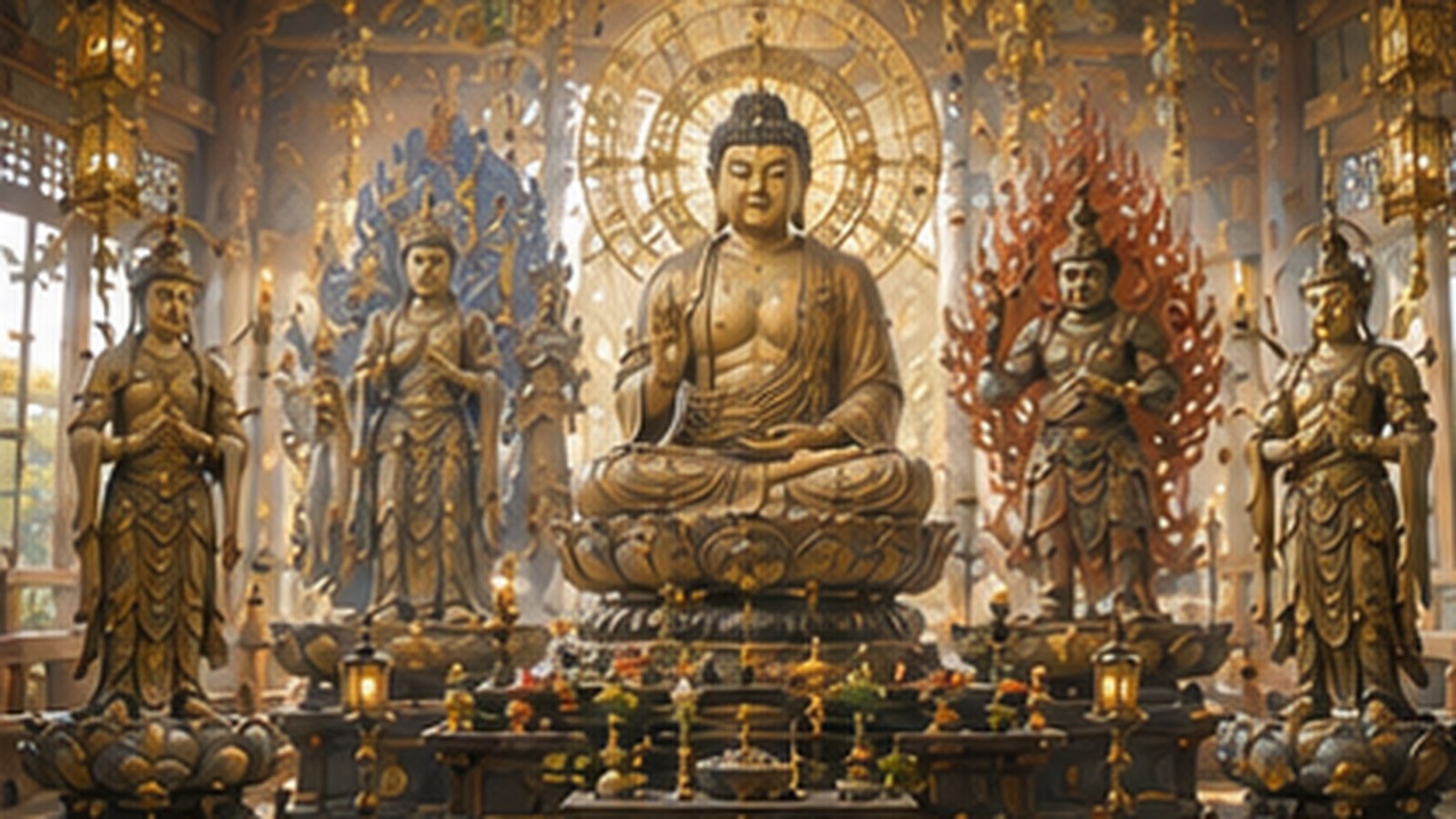 A dim Japanese temple hall with several Buddhist statues arranged together — a Nyorai, Bosatsu, Myōō, and Tenbu side by side