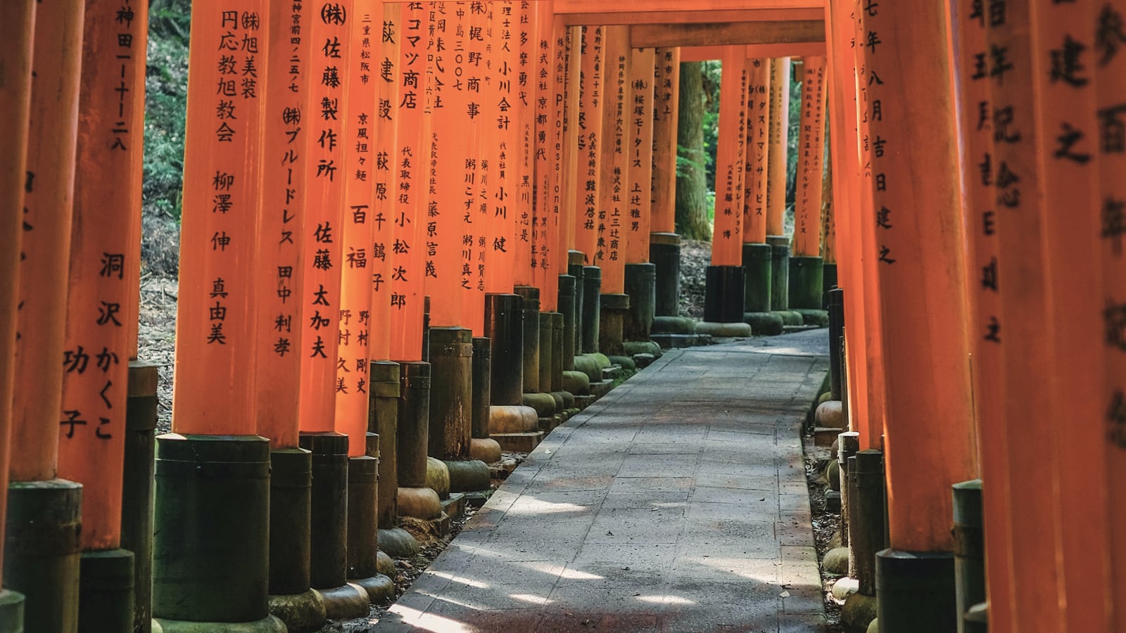 Rows of vermillion Inari torii gates along a shrine path