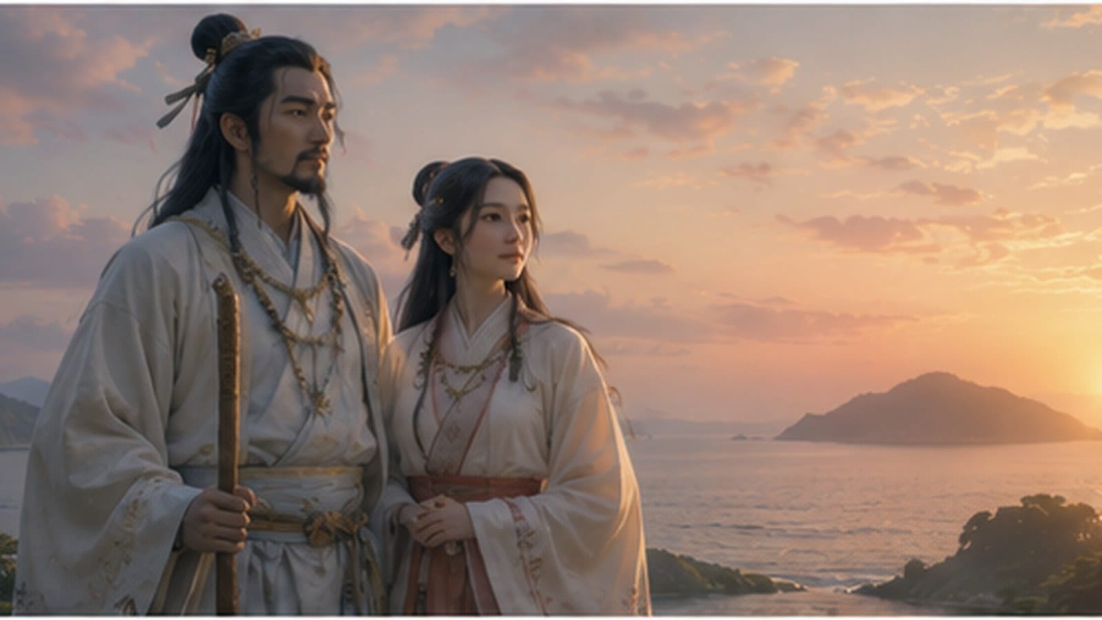 Izanagi and Izanami standing together holding a jeweled spear, looking out toward an island emerging from morning mist