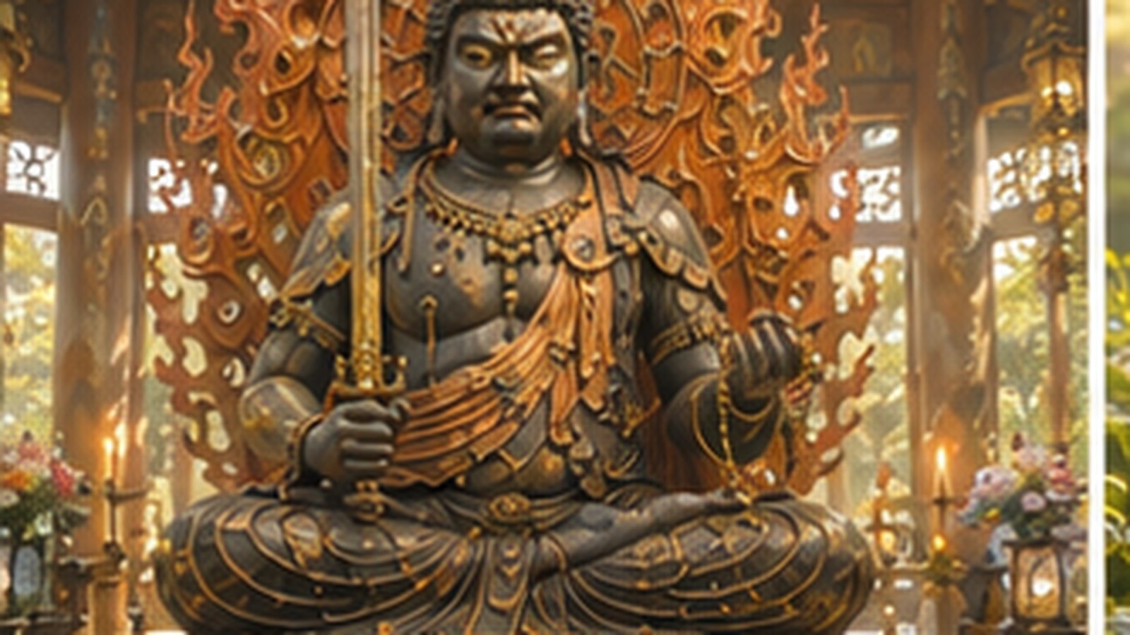 A red-skinned, six-armed statue of Aizen Myōō with a lion-headed crown, drawing a bow