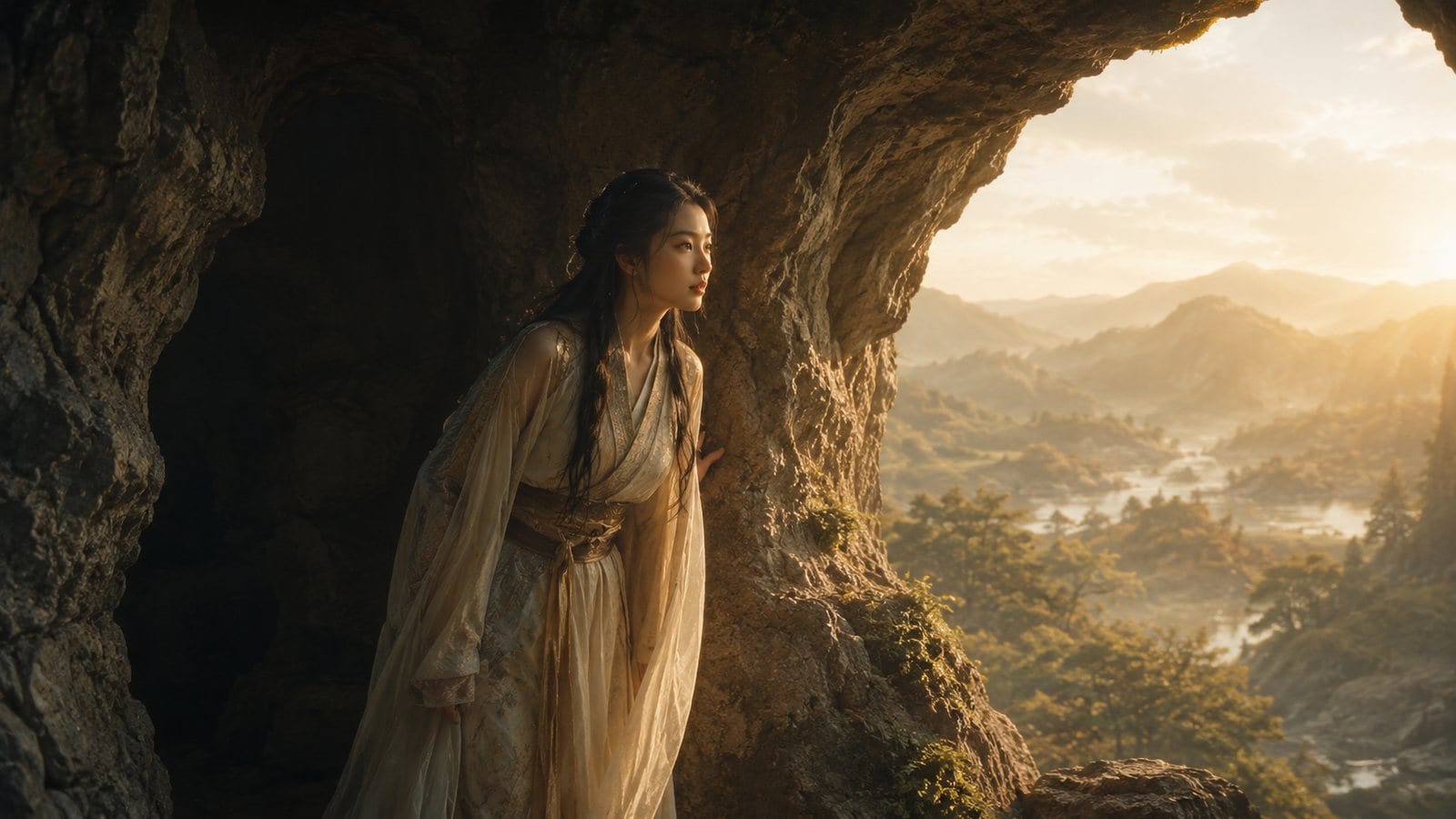 Amaterasu, the sun goddess, peering gently out of a cave entrance toward warm morning light