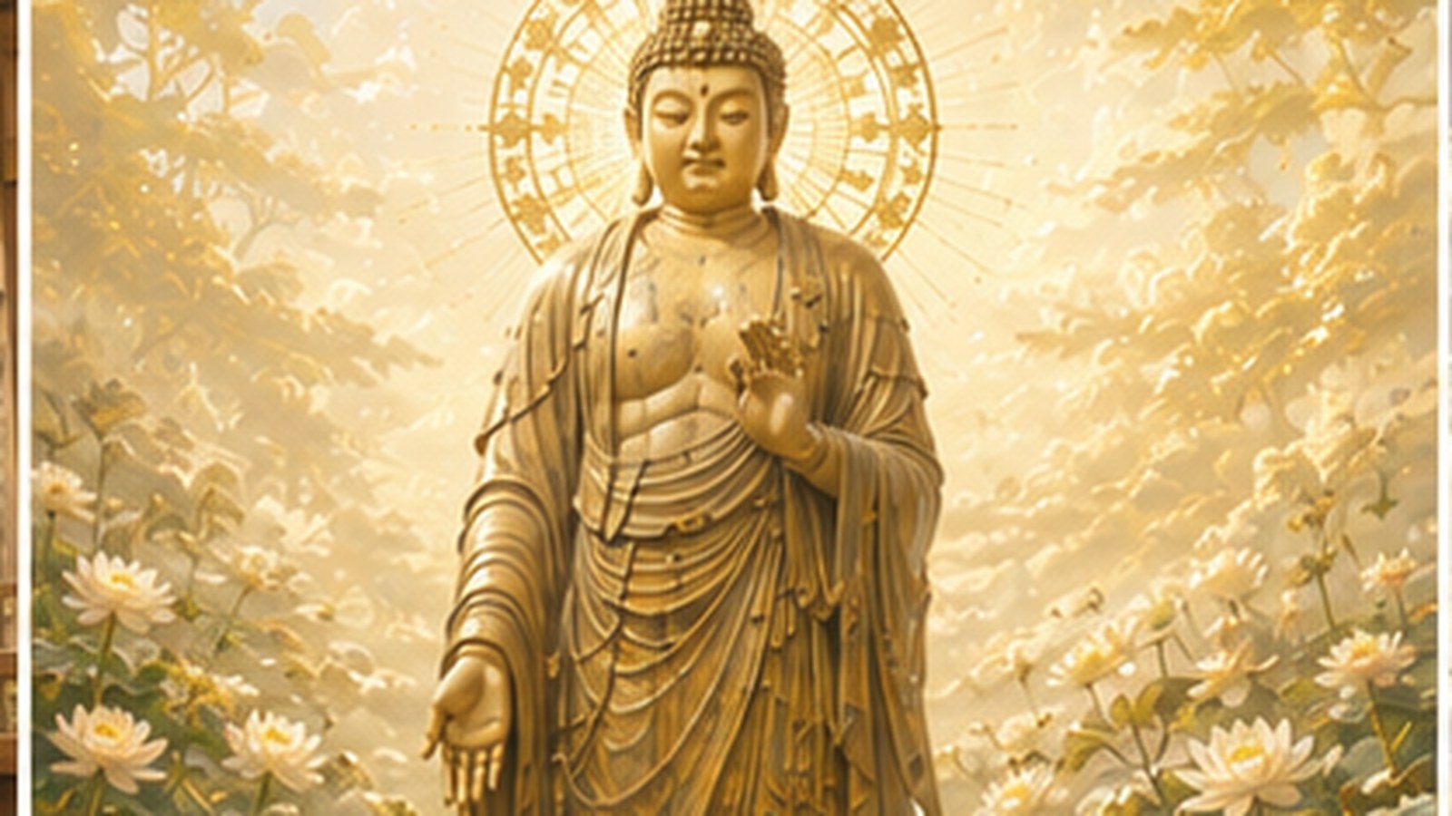 A standing statue of Amida Nyorai forming the welcoming mudra, bathed in soft golden Pure Land light