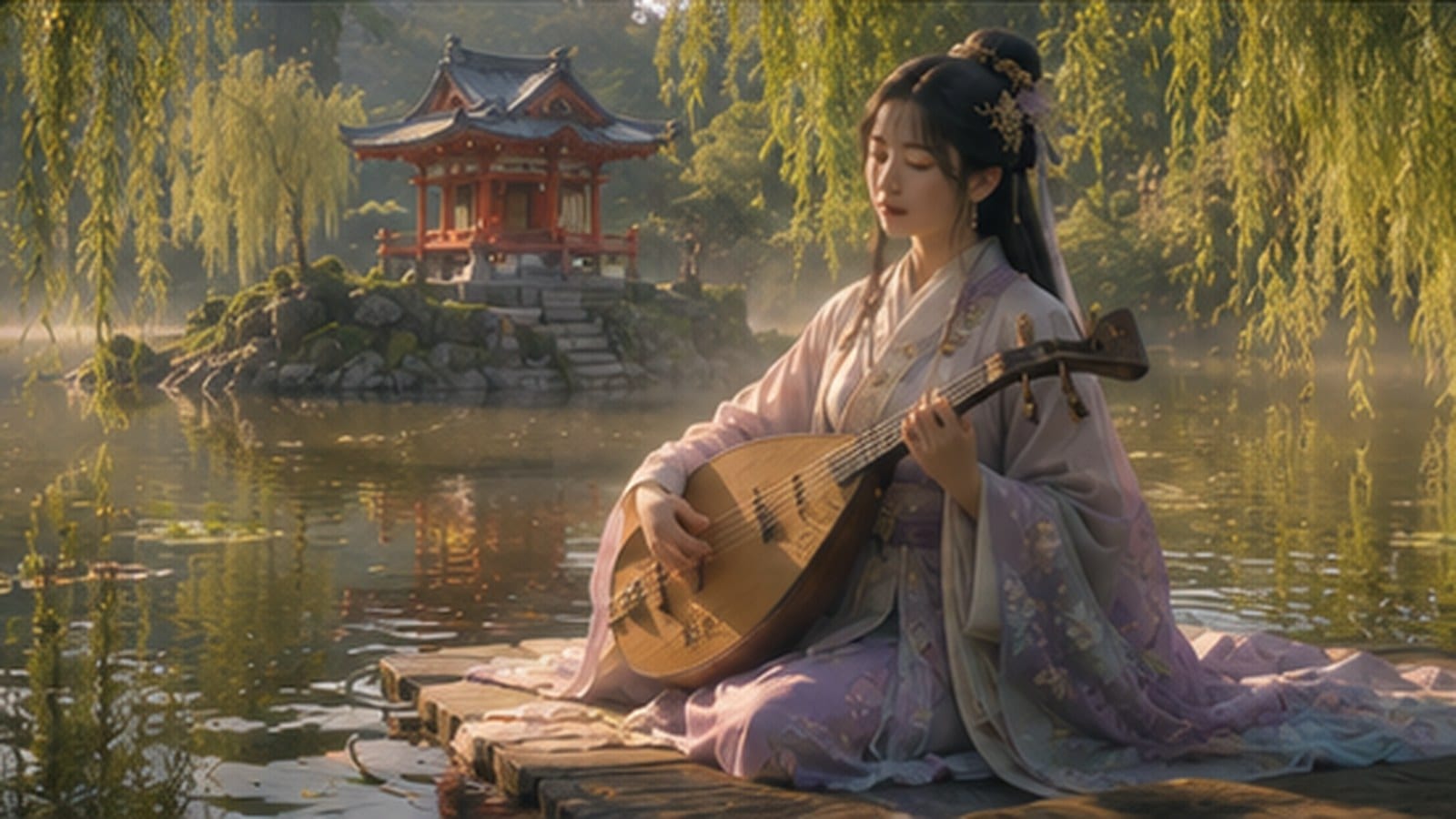Benzaiten, a graceful goddess playing a biwa, seated near a small red shrine on an island in a still pond