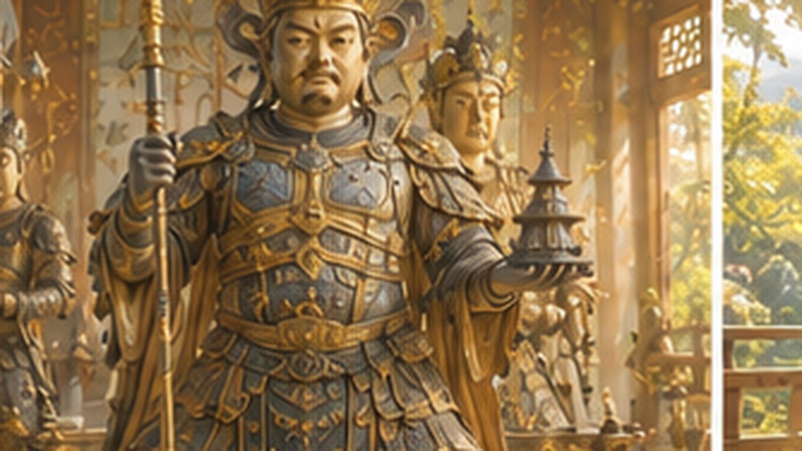 An armored statue of Bishamonten holding a jeweled pagoda, standing upon a trampled demon
