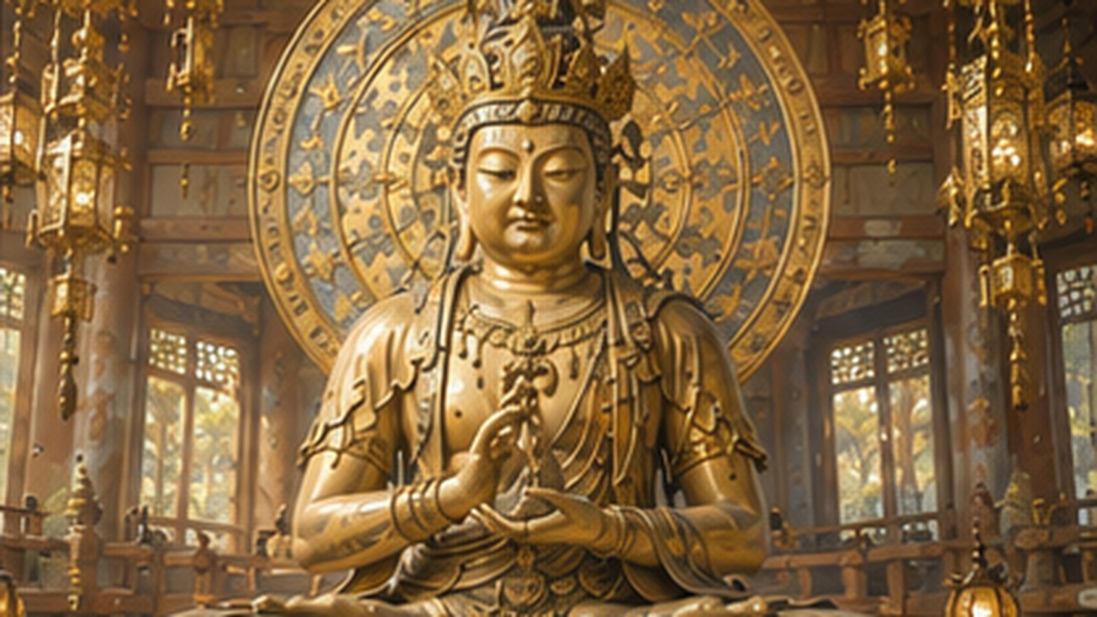 A seated statue of Dainichi Nyorai in jeweled crown and necklaces, forming the chiken-in mudra in a Shingon hall