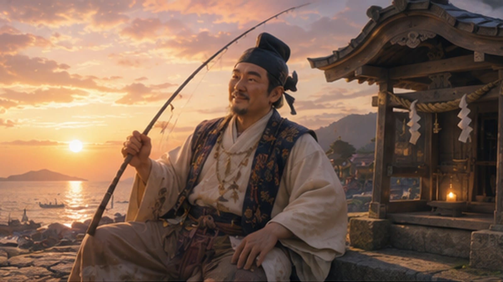 Ebisu, a cheerful fishing god holding a rod and a sea bream, sitting on coastal rocks at sunset