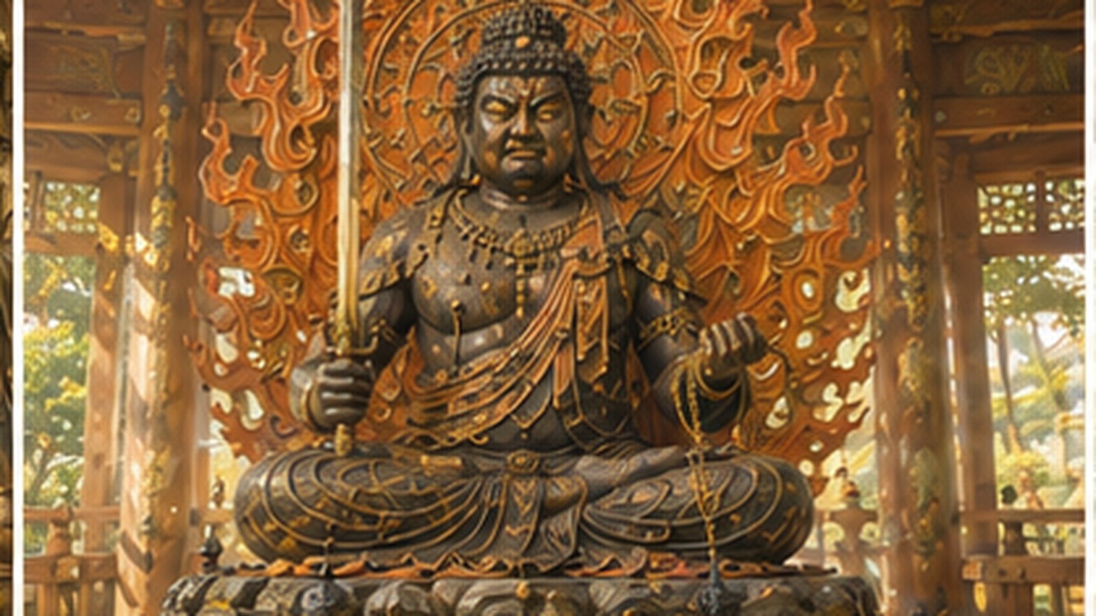 A wooden statue of Fudō Myōō with a sword and rope, a halo of carved flames rising behind