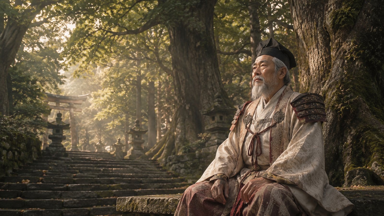Hachiman, a calm older god in ceremonial robes, watching quietly from beside a shrine approach lined with old camphor trees