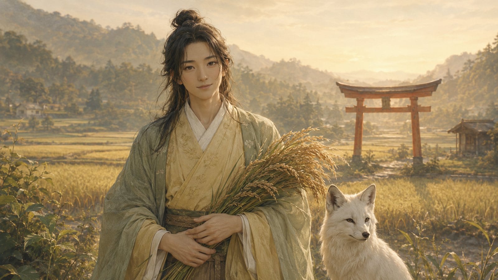 Inari, a gentle androgynous deity holding rice stalks, a white fox messenger seated beside them, rice paddies behind
