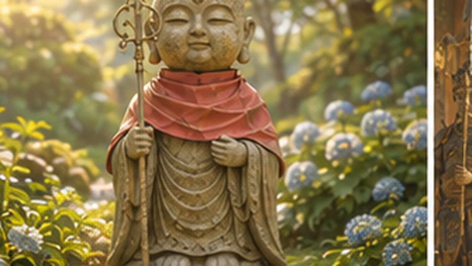 A weathered stone Jizō statue by a country roadside, wearing a faded red bib and cap, moss at its base