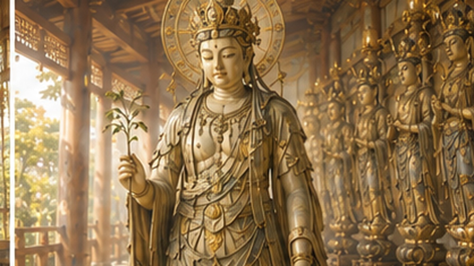 A graceful standing statue of Kannon Bosatsu holding a water vase, layered in flowing robes and a celestial scarf