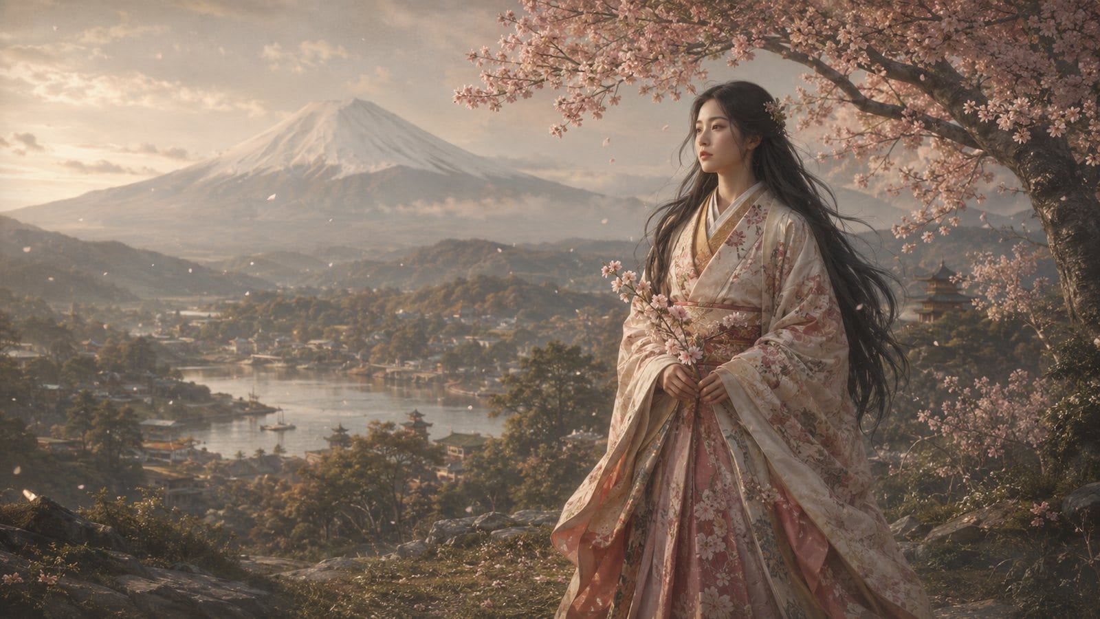 Konohanasakuya-hime, a young goddess in cherry-blossom robes holding a sakura branch, Mount Fuji in the misty distance