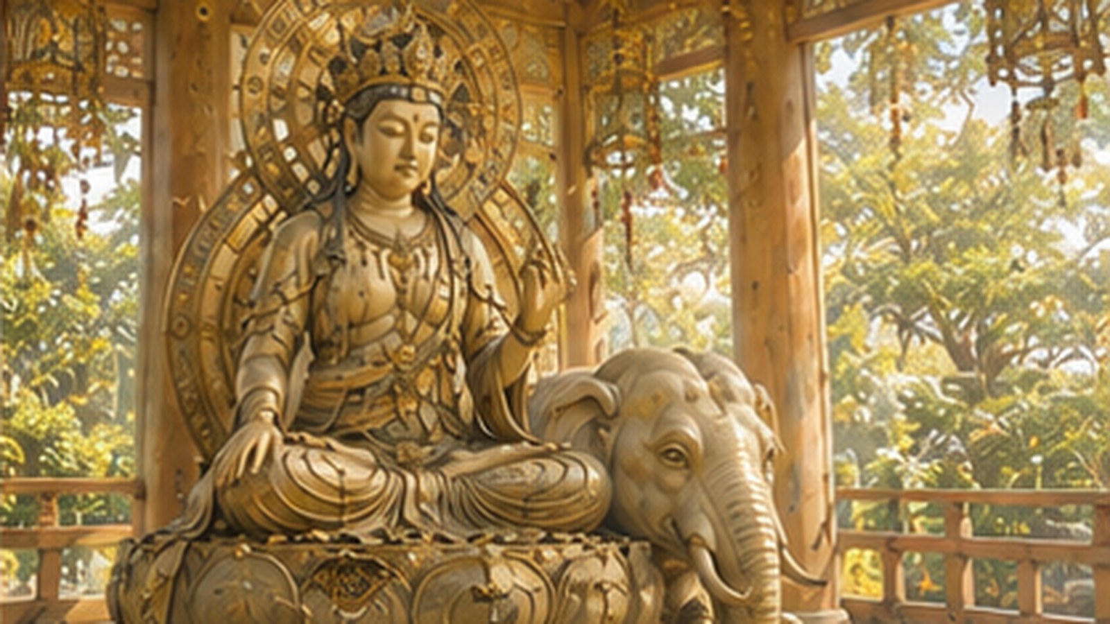 A wooden Miroku Bosatsu statue in the half-lotus pensive pose, fingertips lightly touching the cheek
