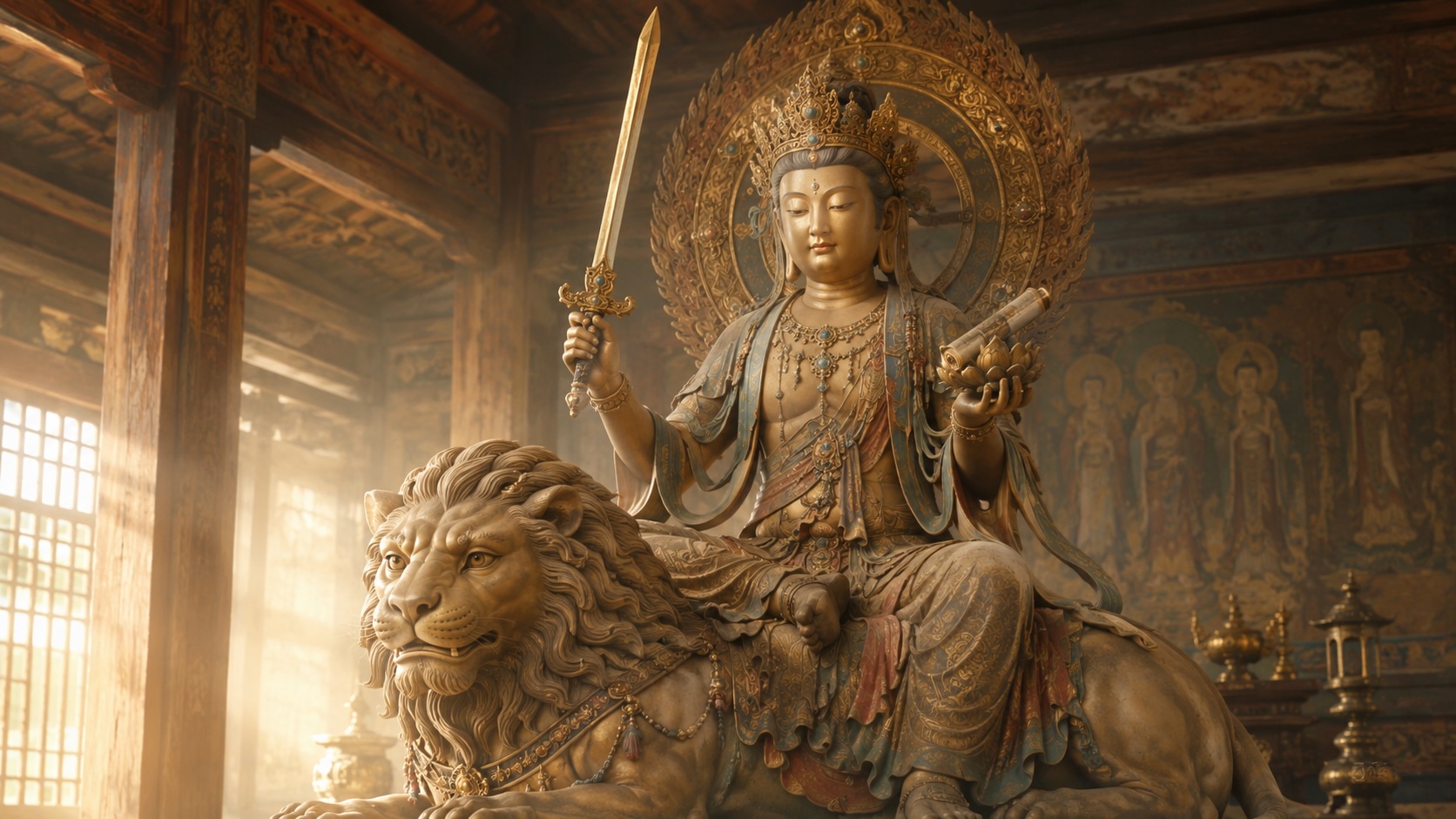 A statue of Monju Bosatsu seated on a lion, holding a sword and a sutra scroll