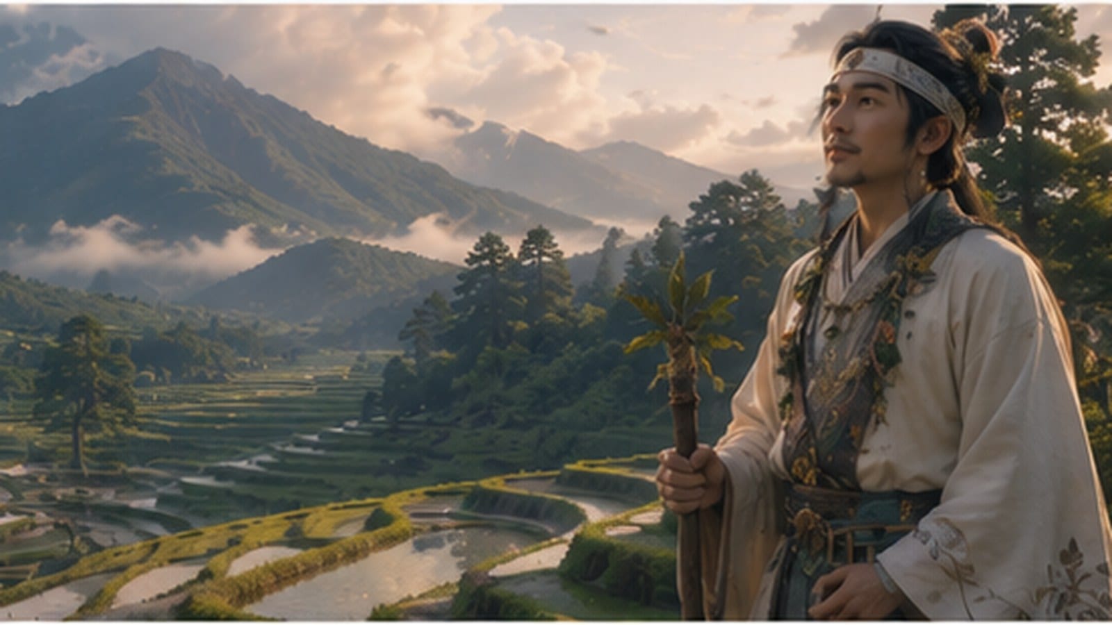 Ninigi, a young god holding rice stalks, looking out over misty terraced paddies in the Kirishima mountains