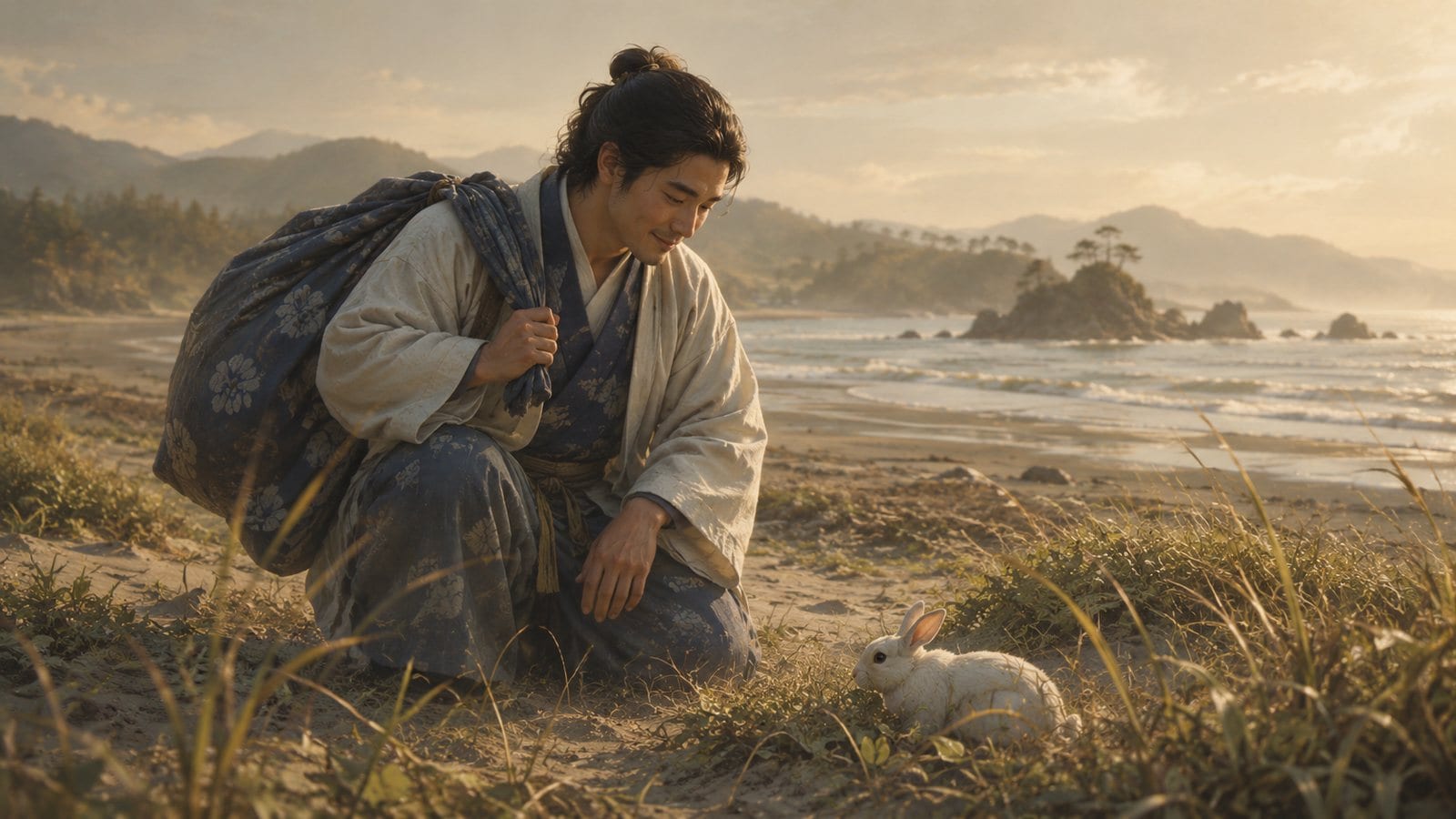 Ōkuninushi crouching kindly on a quiet beach, a small white hare in the grass at his feet