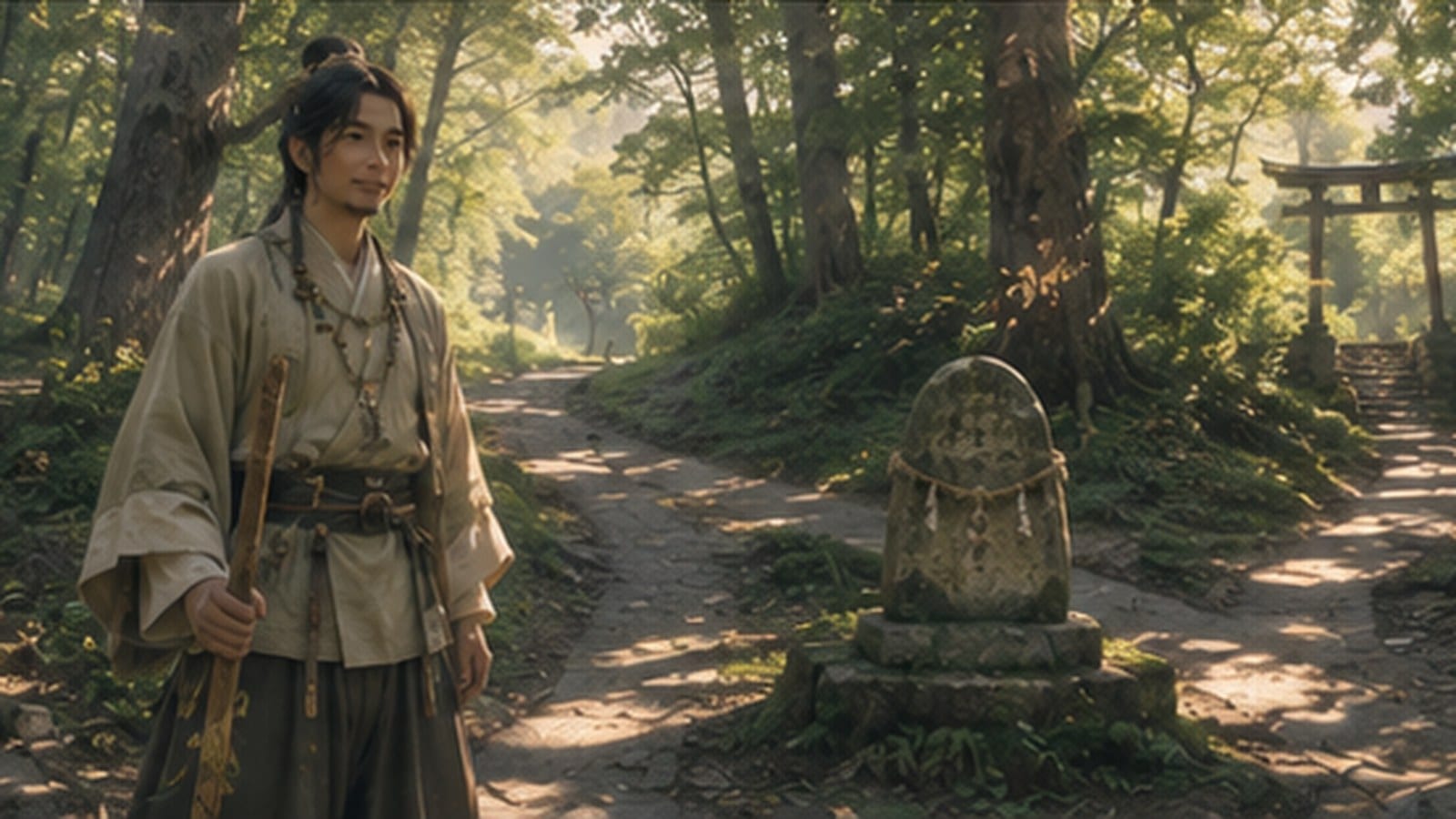 Sarutahiko, a tall earth deity with a long staff, standing at a forested crossroads beside an old Dōsojin stone