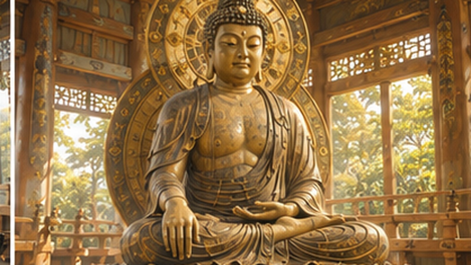 A wooden seated statue of Shakyamuni Buddha in the earth-touching mudra inside a quiet Zen temple hall
