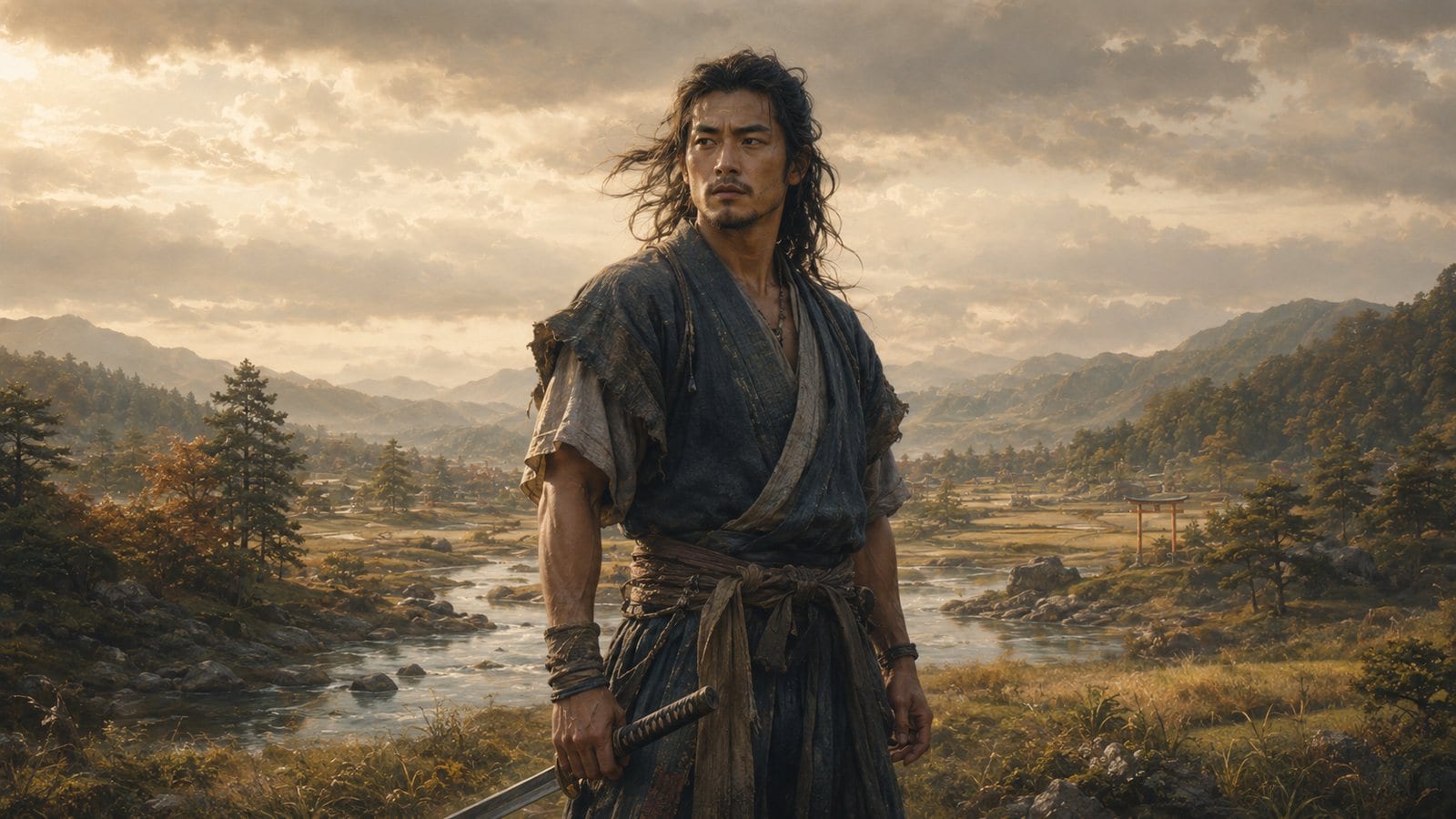Susanoo, a young storm god with long wild hair, standing by a river on the Izumo plains under a clearing sky
