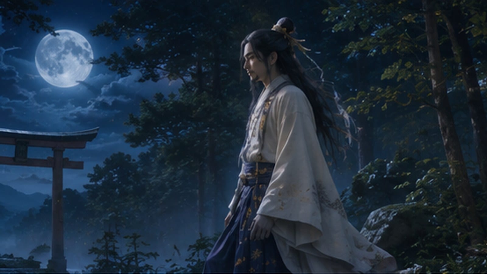 Tsukuyomi, the quiet moon god walking through a moonlit forest near a small torii gate