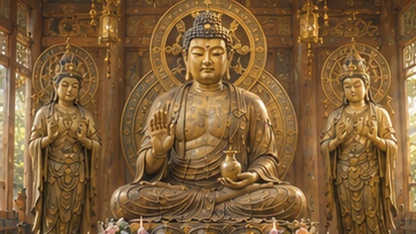 A seated statue of Yakushi Nyorai holding a medicine jar, flanked by attendant Bodhisattva figures