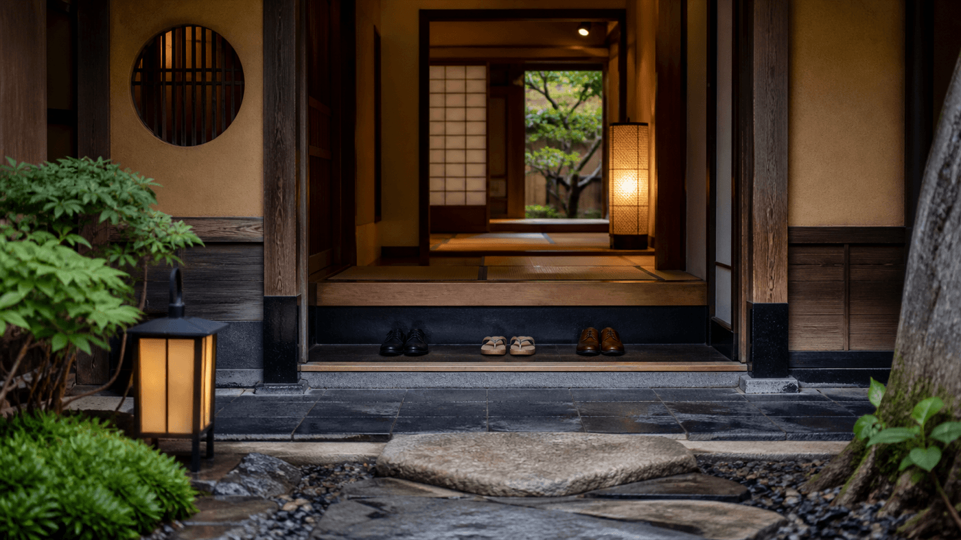 A traditional ryokan entrance with shoes arranged at the genkan