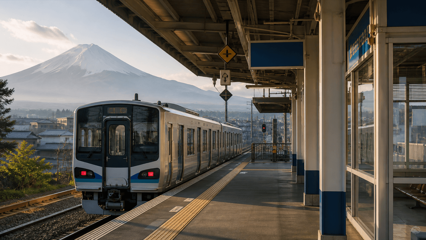 A quiet Japanese train platform with a commuter train