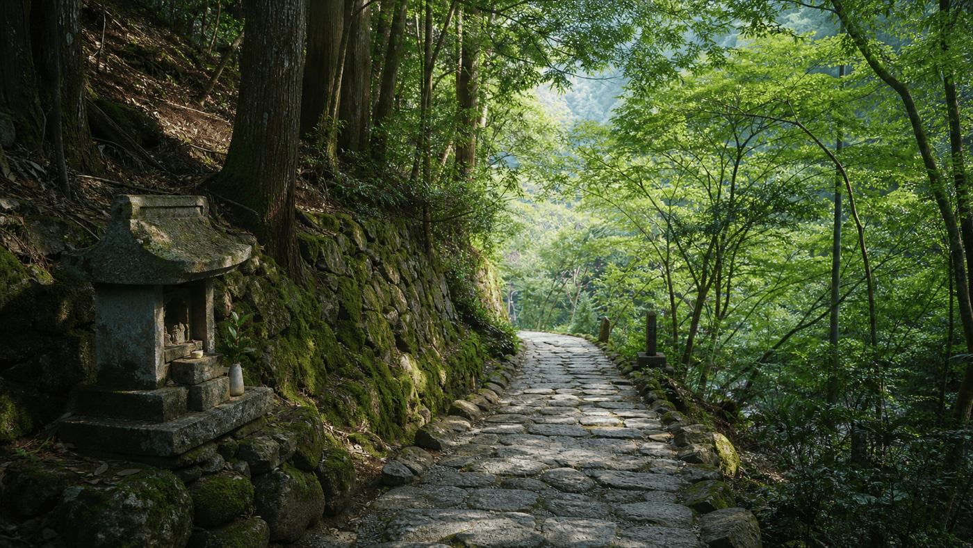 An old Japanese walking route through a mossy mountain forest